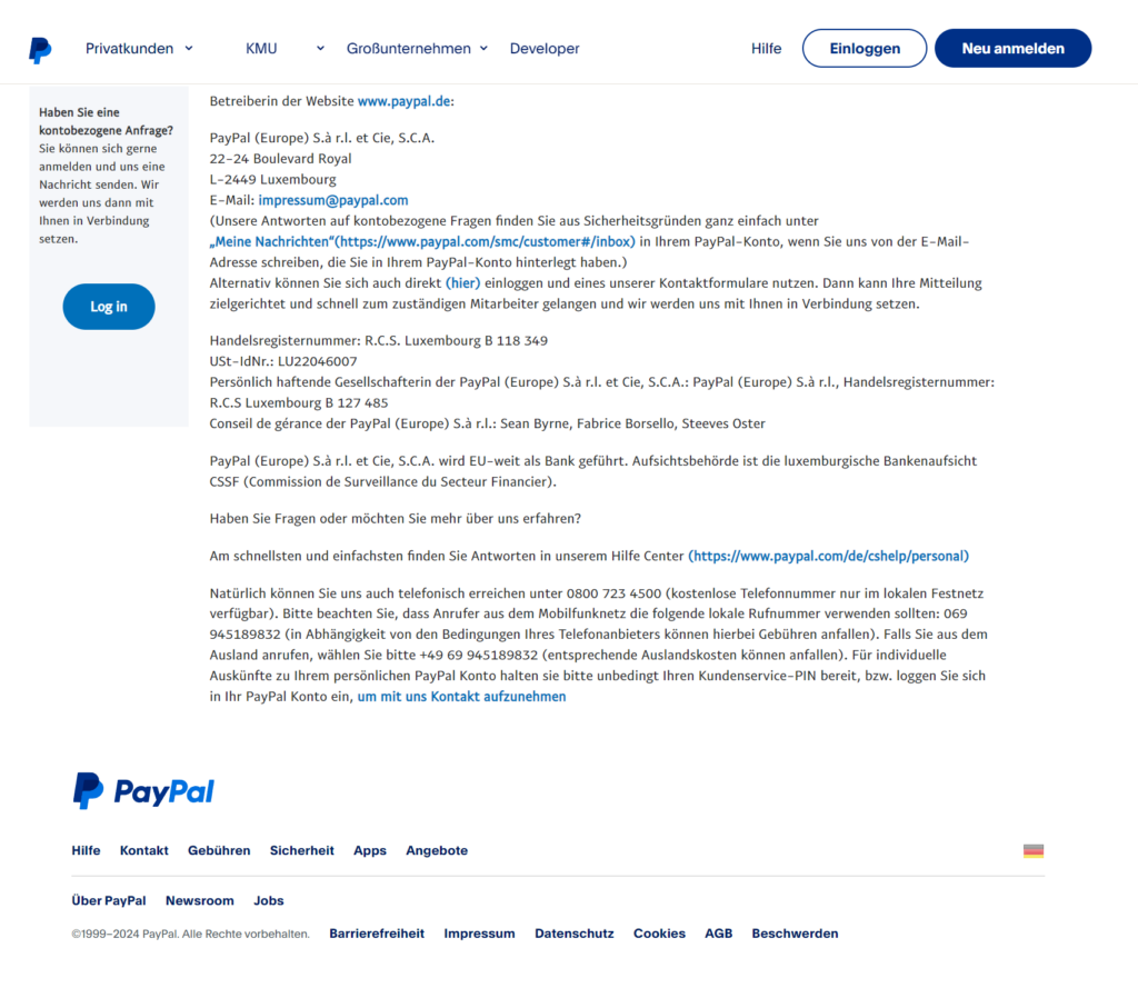 Das Bild zeigt das Impressum von der PayPal Deutschland Webseite.